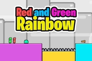Punainen ja vihreä hahmo seisovat värikkäillä alustoilla, joista toisessa on piikkirivi ja avain näkyvissä, taustalla teksti Red and Green Rainbow