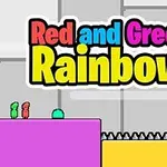 Punainen ja vihreä hahmo seisovat värikkäillä alustoilla, joista toisessa on piikkirivi ja avain näkyvissä, taustalla teksti Red and Green Rainbow
