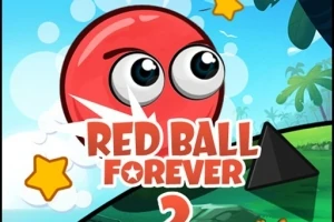 Punainen pallo hymyilee silmät suurena, taustalla tähtiä ja sininen taivas, teksti Red Ball Forever