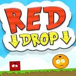 Punainen kuutio ja oranssi pallo hymyilevät vihreällä nurmikolla sinistä taivasta ja valkoisia pilviä vasten, tekstin RED DROP yläpuolella
