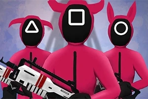 Kolme pinkkipukuista henkilöä, joiden kypärissä on ympyrä, neliö ja kolmio; heillä on asetta muistuttavat esineet
