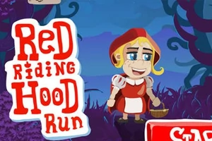 Punaisetukkainen tyttö kulkee korin kanssa metsässä, ja vieressä on teksti Red Riding Hood Run