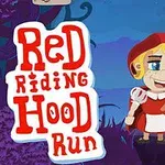 Punaisetukkainen tyttö kulkee korin kanssa metsässä, ja vieressä on teksti Red Riding Hood Run
