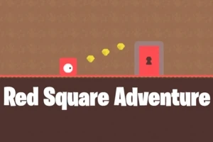 Punainen neliöhahmo hyppää kolikkojen perässä kohti lukittua ovea, ja taustalla lukee Red Square Adventure