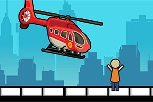 Punainen helikopteri lentää kaupungin siluettia vasten, kun tikku-ukko seisoo maassa kädet ylhäällä