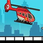 Punainen helikopteri lentää kaupungin siluettia vasten, kun tikku-ukko seisoo maassa kädet ylhäällä