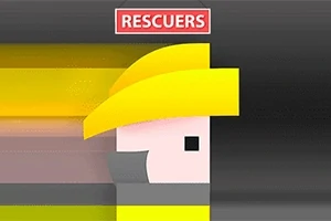 Kuvassa on sarjakuvamainen hahmo keltaisessa kypärässä mustaa taustaa vasten, ja ylhäällä lukee RESCUERS punaisella pohjalla