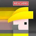Kuvassa on sarjakuvamainen hahmo keltaisessa kypärässä mustaa taustaa vasten, ja ylhäällä lukee RESCUERS punaisella pohjalla