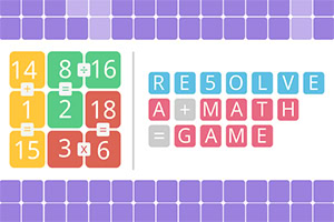 Värikkäitä numeroruudukkoja ja laskutoimituksia vasemmalla, oikealla värikkäissä laatikoissa teksti RESOLVE A MATH GAME