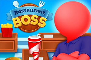 Punainen hahmo ristissä käsin, taustalla hampurilaisia, ranskalaisia ja juomia sekä teksti Restaurant Boss