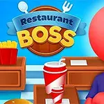 Punainen hahmo ristissä käsin, taustalla hampurilaisia, ranskalaisia ja juomia sekä teksti Restaurant Boss