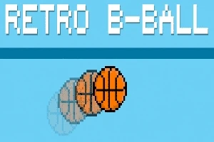 Sinisellä taustalla pikseligrafiikalla piirretty koripallo ja teksti Retro B-Ball