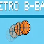 Sinisellä taustalla pikseligrafiikalla piirretty koripallo ja teksti Retro B-Ball