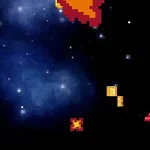 Pixeltyylinen avaruustausta, jossa on pieni punavalkoinen avaruusalus ja tulipalloja