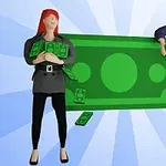 Kaksi animoitua hahmoa seisoo suuren vihreän setelin edessä, joista toinen nainen pitelee useita rahapakkauksia