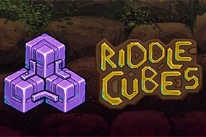 Violetti kolmiulotteinen kuutio ja teksti Riddle Cubes ruskealla ja keltaisella taustalla