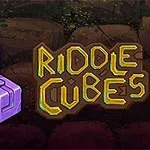 Violetti kolmiulotteinen kuutio ja teksti Riddle Cubes ruskealla ja keltaisella taustalla