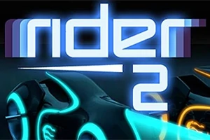 Sinisellä ja oranssilla hehkuvat futuristiset moottoripyörät sekä suuret valaistut tekstit rider 2