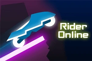 Sinisävyinen siluettiajoneuvo kaartumassa ylöspäin purppuralinjaa pitkin tummalla taustalla, vieressä teksti Rider Online