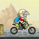 Hahmo ajaa motocross-pyörää vuoristoisessa ympäristössä, vierellään radioaktiivisesti merkitty tynnyri