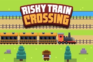 Retrotyylisessä kuvassa on piirretty juna kiskoilla, mieshahmo edessä ja teksti RISKY TRAIN CROSSING yläosassa