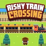Retrotyylisessä kuvassa on piirretty juna kiskoilla, mieshahmo edessä ja teksti RISKY TRAIN CROSSING yläosassa