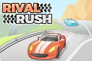Punainen auto ajaa mutkaista tietä, ja taustalla näkyy sininen auto sekä vuoristomaisema, teksti Rival Rush yläkulmassa