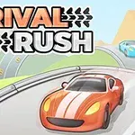 Punainen auto ajaa mutkaista tietä, ja taustalla näkyy sininen auto sekä vuoristomaisema, teksti Rival Rush yläkulmassa