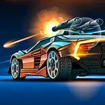 Futuristinen auto, jossa on aseet ja hehkuvat valot sekä taustalla näkyvä räjähdys