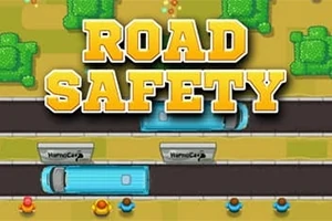Kuvassa on kaksi sinistä bussia ajamassa vierekkäisillä kaistoilla, ja yläpuolella lukee isoilla keltaisilla kirjaimilla ROAD SAFETY