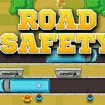 Kuvassa on kaksi sinistä bussia ajamassa vierekkäisillä kaistoilla, ja yläpuolella lukee isoilla keltaisilla kirjaimilla ROAD SAFETY