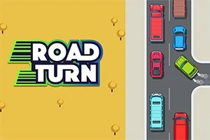 Road Turn -logo keltaisella taustalla, oikealla osittainen näkymä autotieltä, jossa viisi värikästä autoa