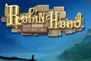 Kultainen teksti Robin Hood: Give and Take sinisellä taustalla, jossa näkyy sumuinen maisema ja linna