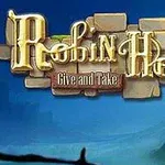Kultainen teksti Robin Hood: Give and Take sinisellä taustalla, jossa näkyy sumuinen maisema ja linna