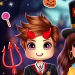 Kaksi piirroshahmoa Halloween-asusteissa, joista toisella on punaiset sarvet ja viikate, ja toisella sirkushattu