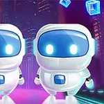 Kaksi valkoista robottia, joilla on siniset näyttöket, seisovat futuristisessa kaupunkimaisemassa violetilla taustalla, ympärillään leijuu sinisiä kuutioita