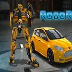 Keltainen urheiluauto ja robotti teollisessa ympäristössä