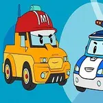 Kuvassa on sarjakuvamaiset keltainen paloauto ja sininen poliisiauto, joissa on ilmeikkäät kasvot