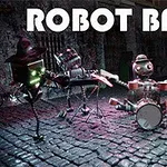 Robottibändi soittaa musiikkia mukulakivikadulla, taustalla näkyy graffiteja ja romua