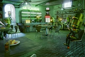 Robottien täyttämä ravintola, jossa on vihreä valaistus ja baari, jonka yläpuolella on Le Robobar -kyltti