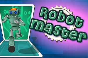 Piirros robottihahmosta, joka juoksee digitaalisessa ympäristössä, ja oikealla puolella teksti Robot master hammasrataskuvion kanssa