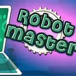 Piirros robottihahmosta, joka juoksee digitaalisessa ympäristössä, ja oikealla puolella teksti Robot master hammasrataskuvion kanssa