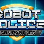 Kuvassa on robottiteemainen logo, jossa lukee Robot Police Iron Panther sinisellä taustalla, johon yhdistyy keltainen kilpikuvio
