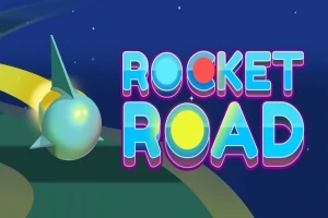 Animoitu kuva, jossa on värikäs raketti ja teksti ROCKET ROAD avaruudessa