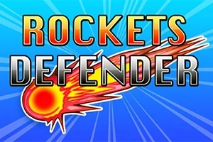 Kuvassa on värikäs meteori, jossa on oranssi ja punainen pyrstö sinisellä taustalla, ja teksti Rockets Defender sen päällä