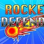 Kuvassa on värikäs meteori, jossa on oranssi ja punainen pyrstö sinisellä taustalla, ja teksti Rockets Defender sen päällä