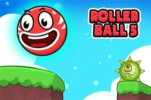 Punainen, iloinen pallo, jossa on ilme ja jalustalla oleva piikikäs vihreä olento sinistä taustaa vasten tekstin Roller Ball 5 vieressä