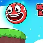 Punainen, iloinen pallo, jossa on ilme ja jalustalla oleva piikikäs vihreä olento sinistä taustaa vasten tekstin Roller Ball 5 vieressä