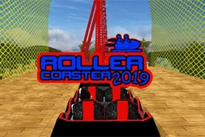 Vuoristorata-ajoneuvo punaisella radalla ja etualalla Roller Coaster 2019 -teksti