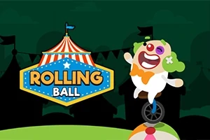 Klovni ajaa yksipyöräisellä sirkustaustaa vasten, vieressään teksti Rolling Ball